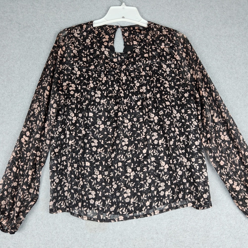 Lucky Brand Blouse Top Womens Small Black Pink Metallic Floral Keyhole Back